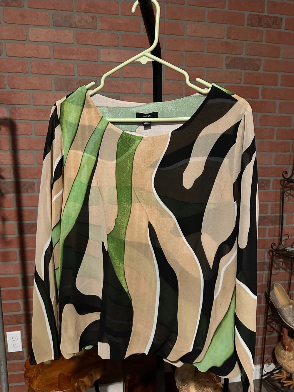 Alfani Green Beige and Black Abstract-Stripe Blouse